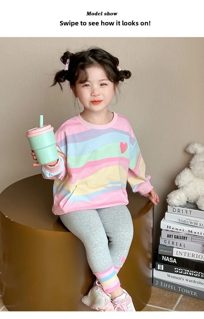 Baby Girls Rainbow Striped Spring Autumn Sport Causal Clothing Sets Children Kids Hoody T Shirt Pants Clothes for 2 to 8 years