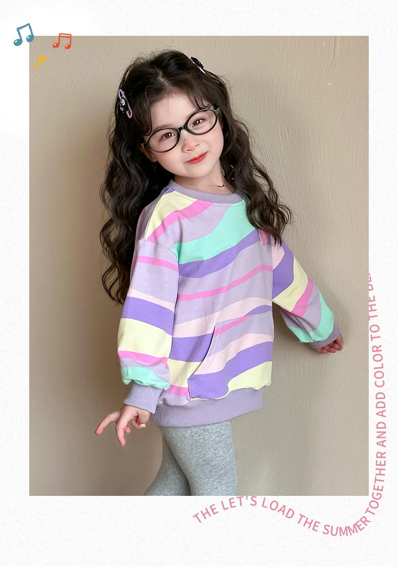 Baby Girls Rainbow Striped Spring Autumn Sport Causal Clothing Sets Children Kids Hoody T Shirt Pants Clothes for 2 to 8 years