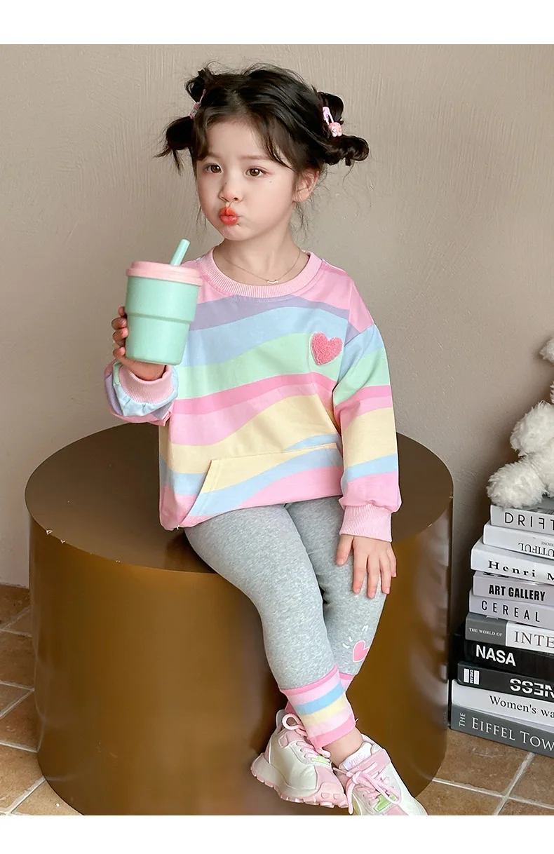 Baby Girls Rainbow Striped Spring Autumn Sport Causal Clothing Sets Children Kids Hoody T Shirt Pants Clothes for 2 to 8 years