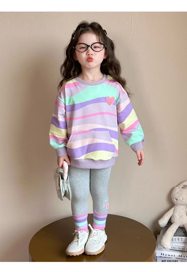 Baby Girls Rainbow Striped Spring Autumn Sport Causal Clothing Sets Children Kids Hoody T Shirt Pants Clothes for 2 to 8 years