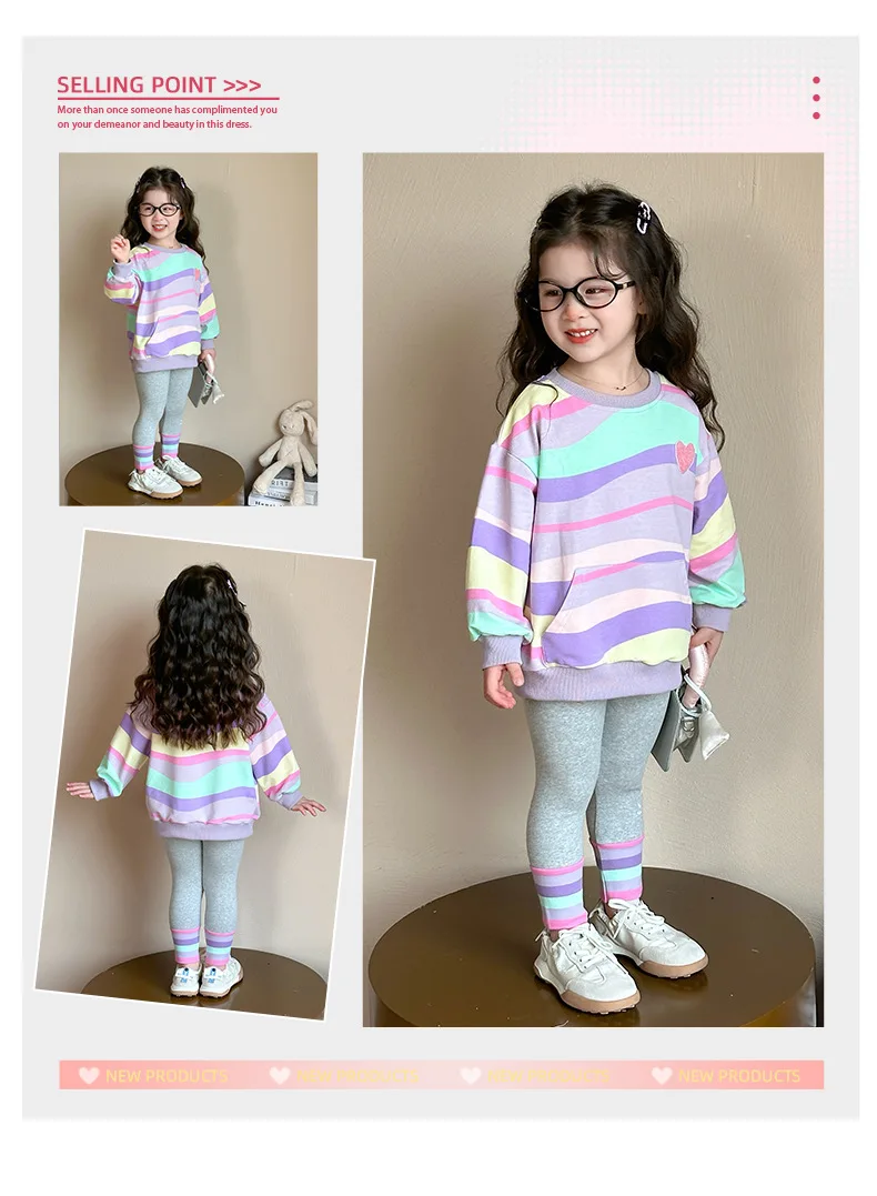 Baby Girls Rainbow Striped Spring Autumn Sport Causal Clothing Sets Children Kids Hoody T Shirt Pants Clothes for 2 to 8 years