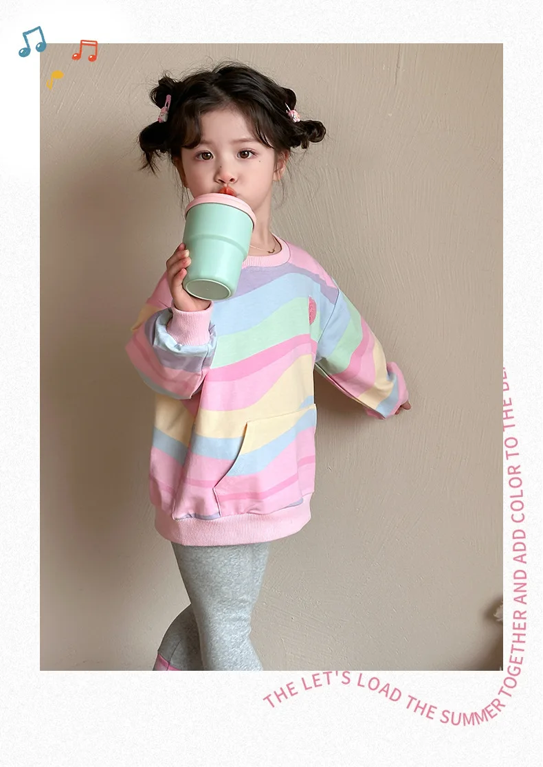 Baby Girls Rainbow Striped Spring Autumn Sport Causal Clothing Sets Children Kids Hoody T Shirt Pants Clothes for 2 to 8 years