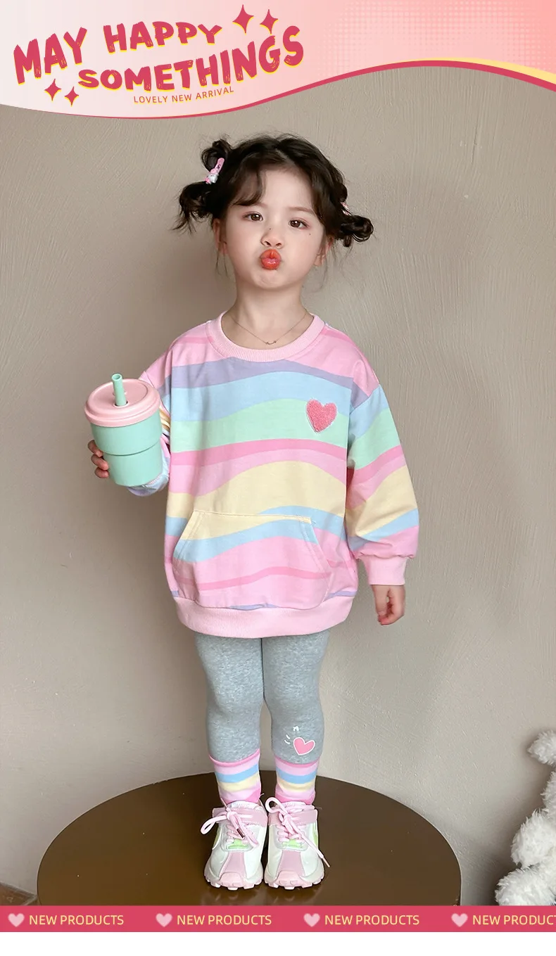 Baby Girls Rainbow Striped Spring Autumn Sport Causal Clothing Sets Children Kids Hoody T Shirt Pants Clothes for 2 to 8 years