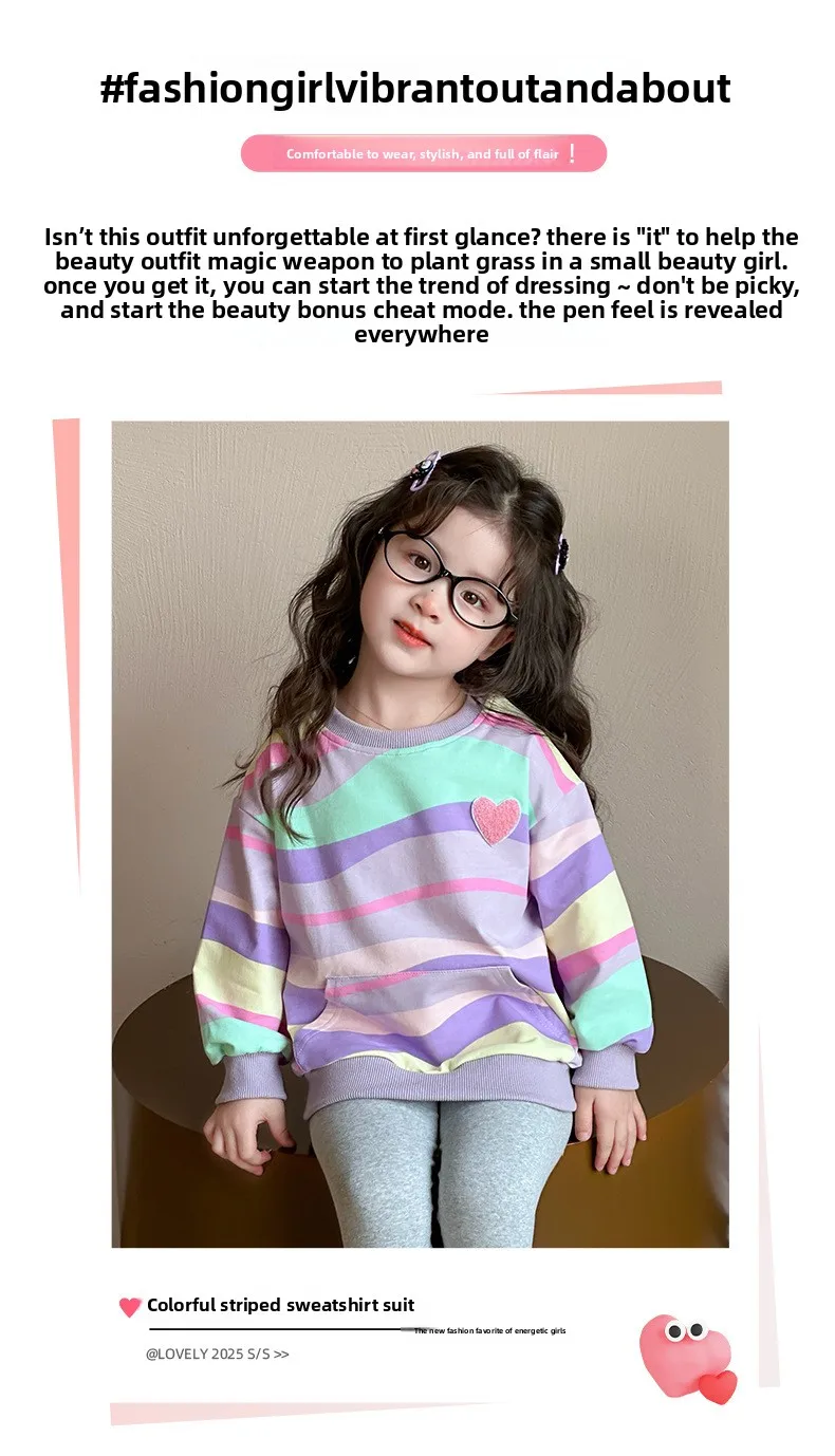 Baby Girls Rainbow Striped Spring Autumn Sport Causal Clothing Sets Children Kids Hoody T Shirt Pants Clothes for 2 to 8 years