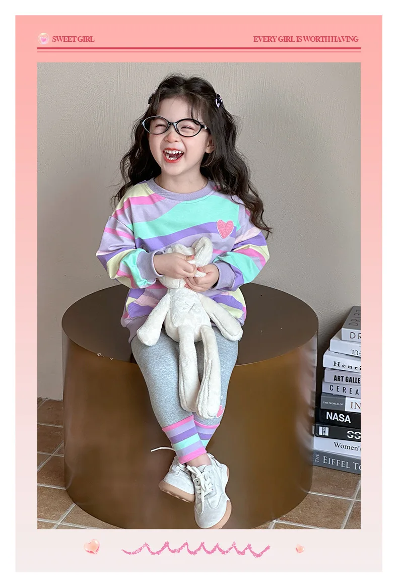 Baby Girls Rainbow Striped Spring Autumn Sport Causal Clothing Sets Children Kids Hoody T Shirt Pants Clothes for 2 to 8 years