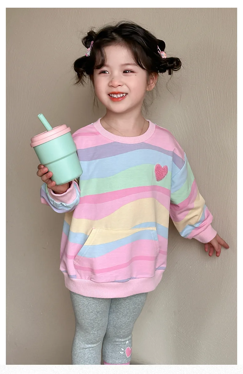 Baby Girls Rainbow Striped Spring Autumn Sport Causal Clothing Sets Children Kids Hoody T Shirt Pants Clothes for 2 to 8 years