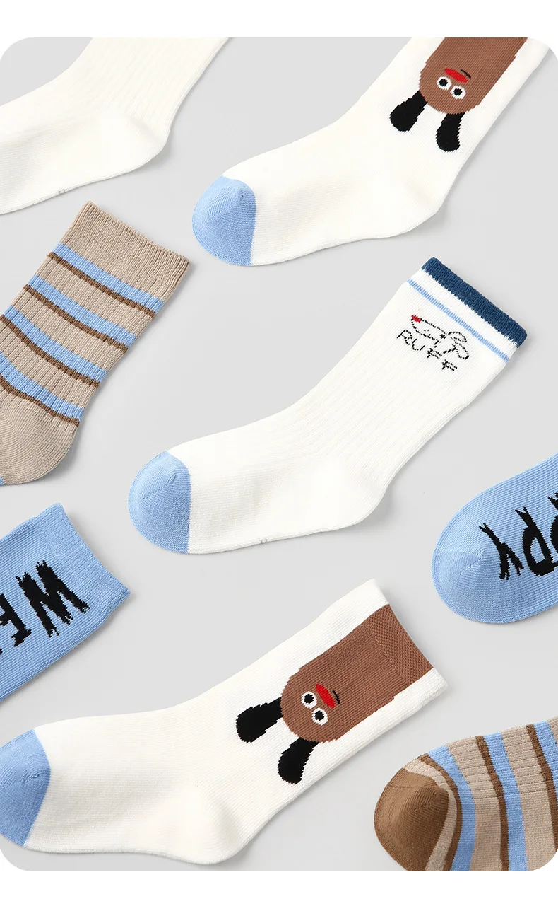 2026 Spring Children's Socks Cartoon Puppy Letter Pattern Calf Cotton Socks Kids Boys Girls Socks 4 Pairs