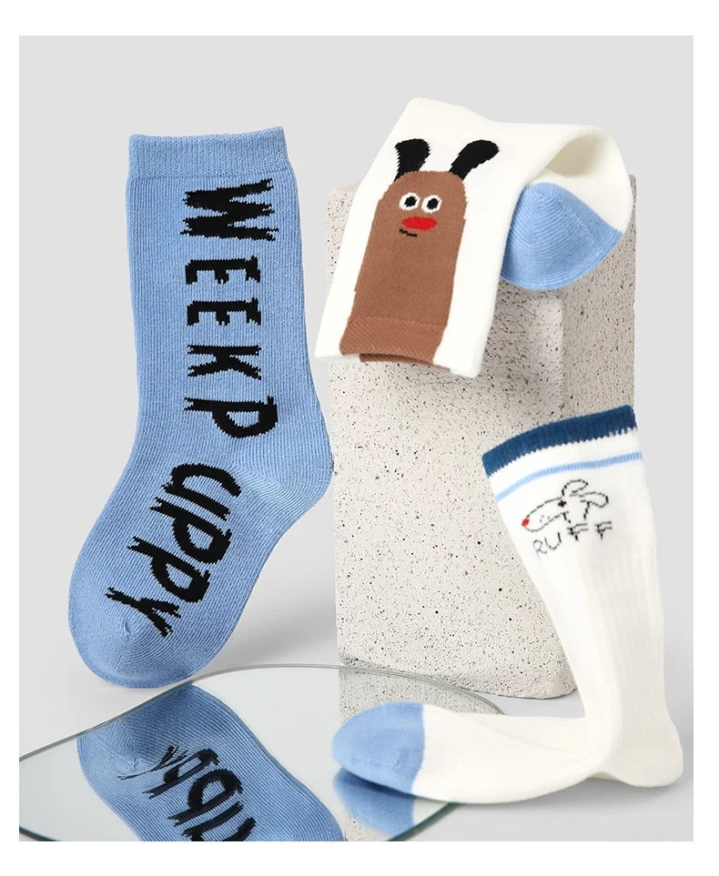 2026 Spring Children's Socks Cartoon Puppy Letter Pattern Calf Cotton Socks Kids Boys Girls Socks 4 Pairs