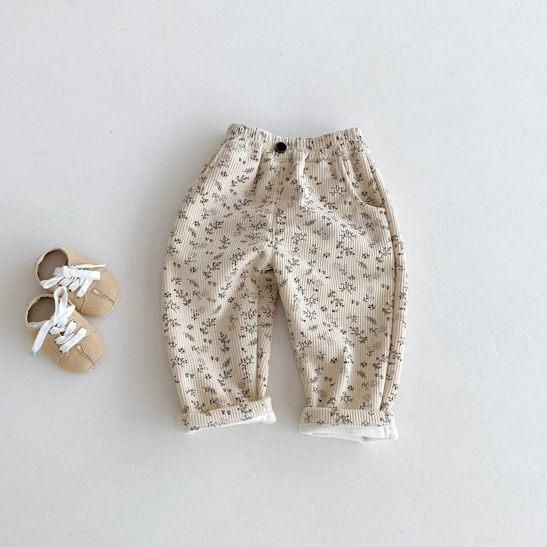 Winter 0-5Y Baby Boys Girls Corduroy Pants Fleece Lined Leopard Floral Print Wide Leg Trousers Warm Soft Children Clothing
