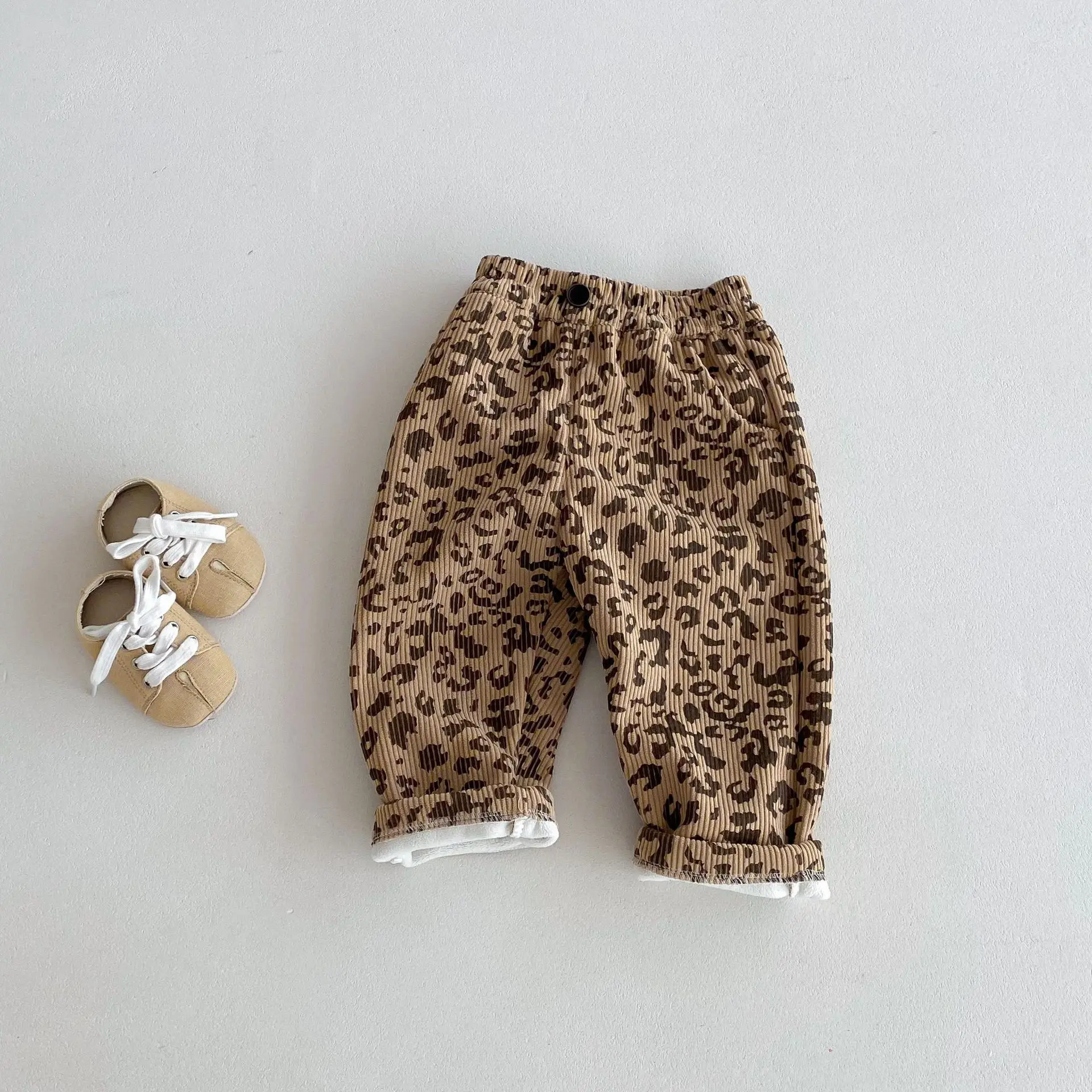 Winter 0-5Y Baby Boys Girls Corduroy Pants Fleece Lined Leopard Floral Print Wide Leg Trousers Warm Soft Children Clothing