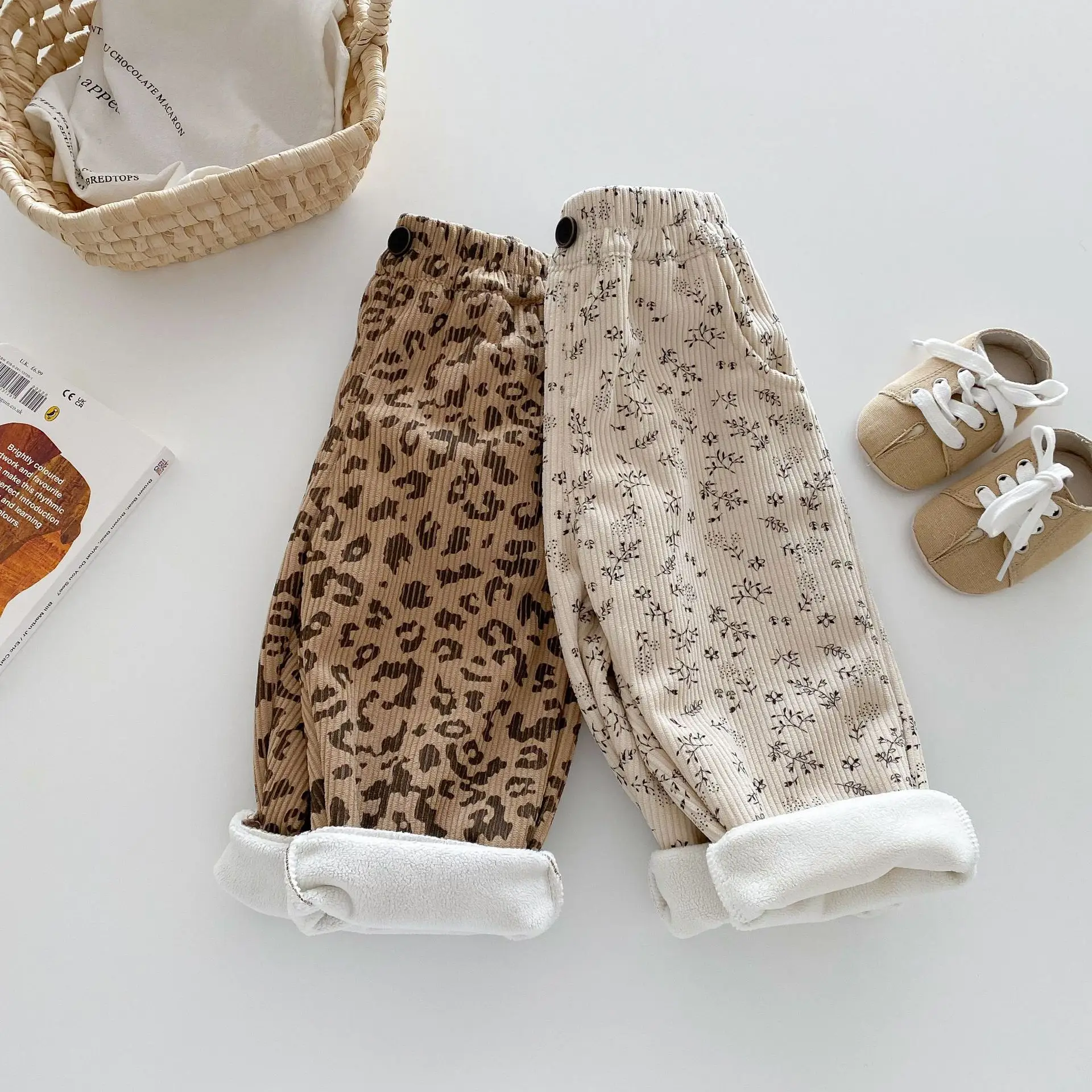Winter 0-5Y Baby Boys Girls Corduroy Pants Fleece Lined Leopard Floral Print Wide Leg Trousers Warm Soft Children Clothing