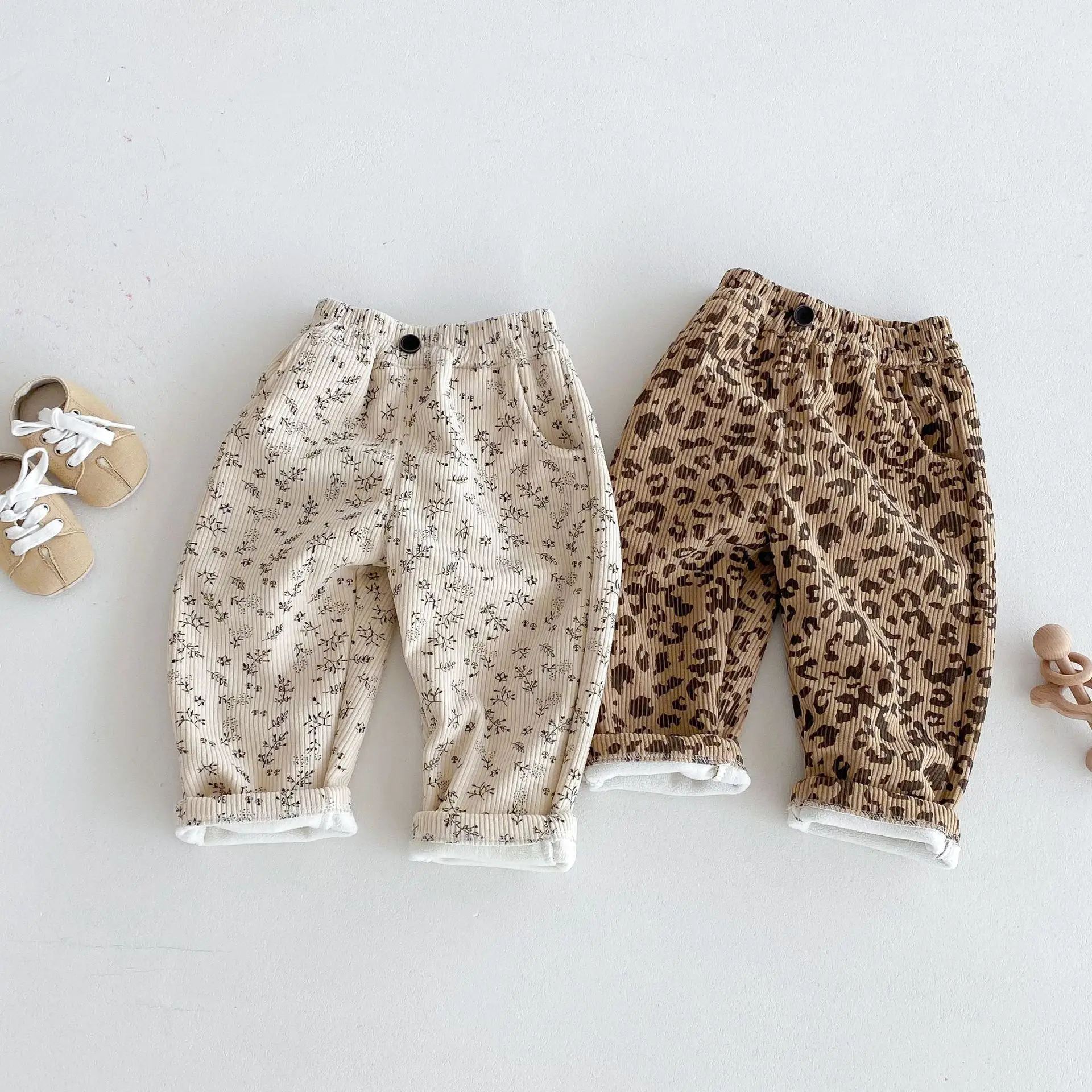 Winter 0-5Y Baby Boys Girls Corduroy Pants Fleece Lined Leopard Floral Print Wide Leg Trousers Warm Soft Children Clothing