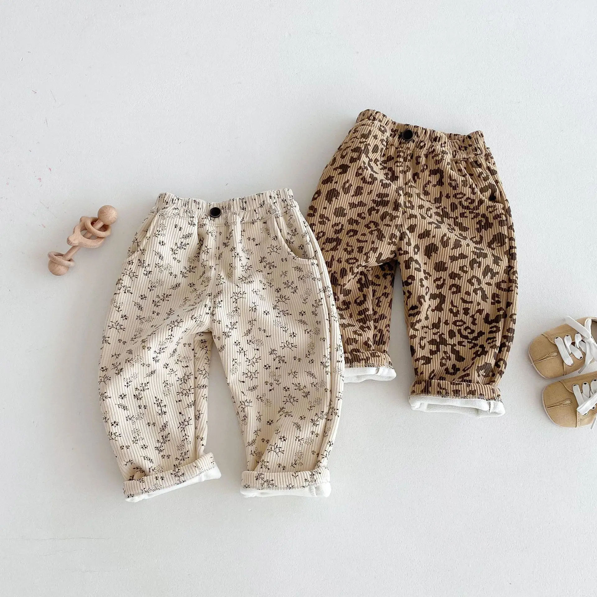 Winter 0-5Y Baby Boys Girls Corduroy Pants Fleece Lined Leopard Floral Print Wide Leg Trousers Warm Soft Children Clothing