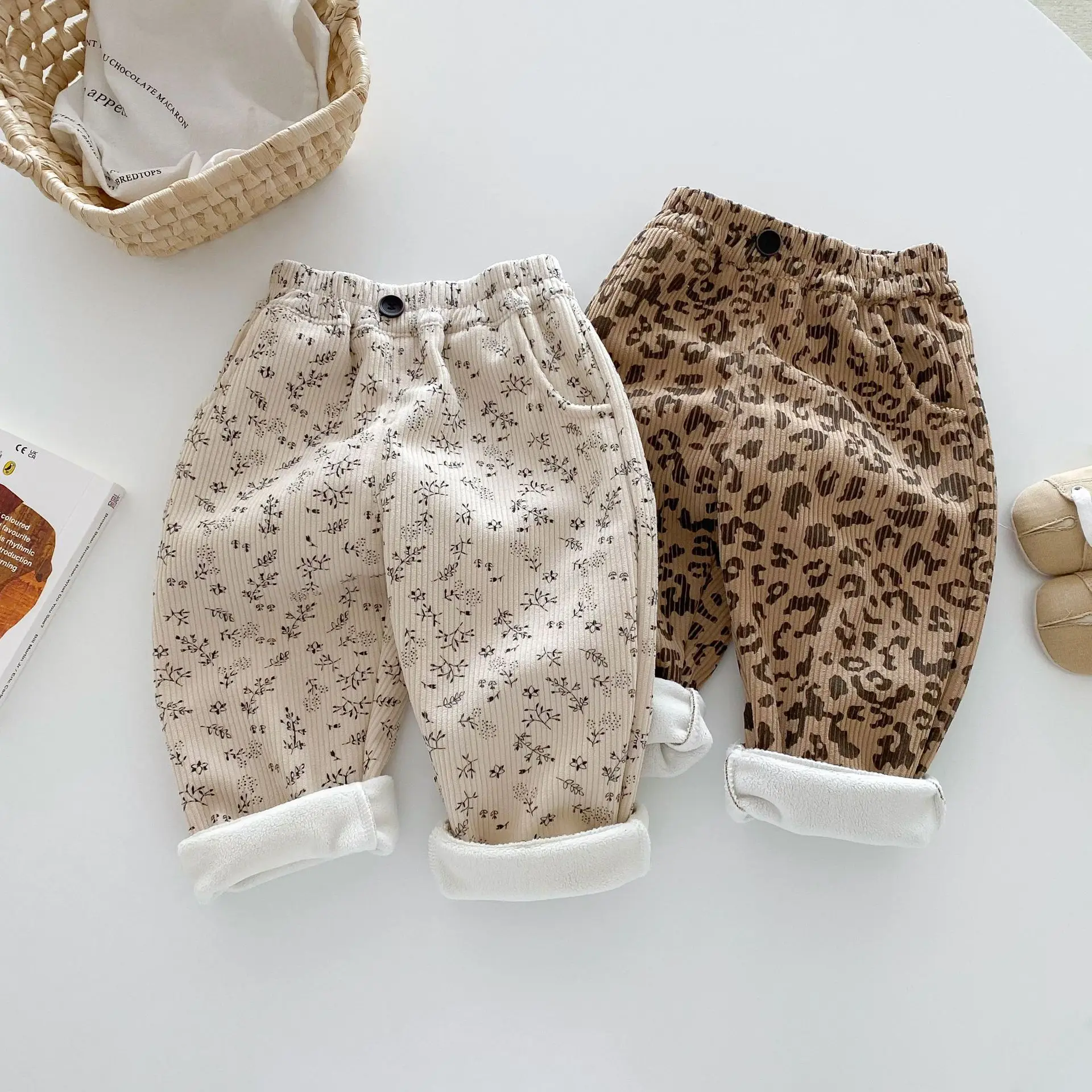 Winter 0-5Y Baby Boys Girls Corduroy Pants Fleece Lined Leopard Floral Print Wide Leg Trousers Warm Soft Children Clothing
