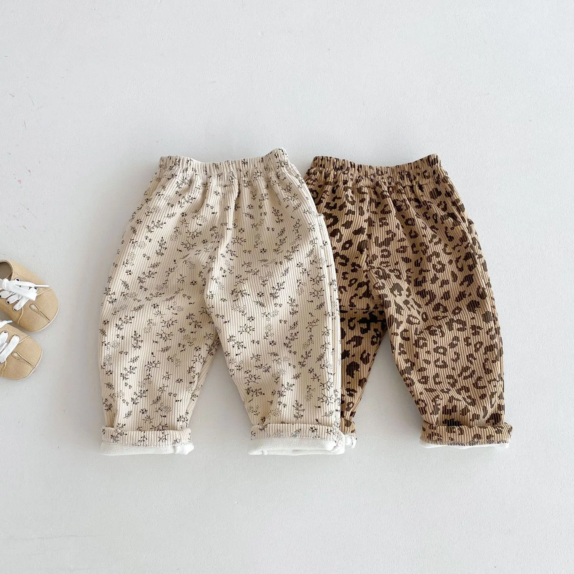 Winter 0-5Y Baby Boys Girls Corduroy Pants Fleece Lined Leopard Floral Print Wide Leg Trousers Warm Soft Children Clothing