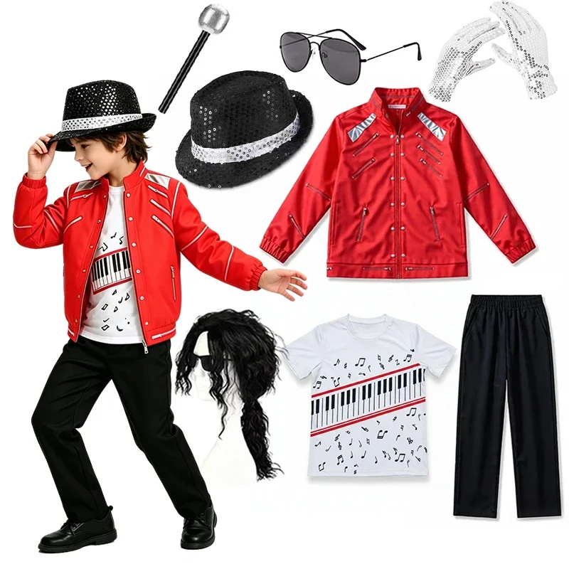 Boys Singer Red Jacket Piano Print T-Shirt Black Pants Set Halloween Kids Stage Cosplay Party Outfit