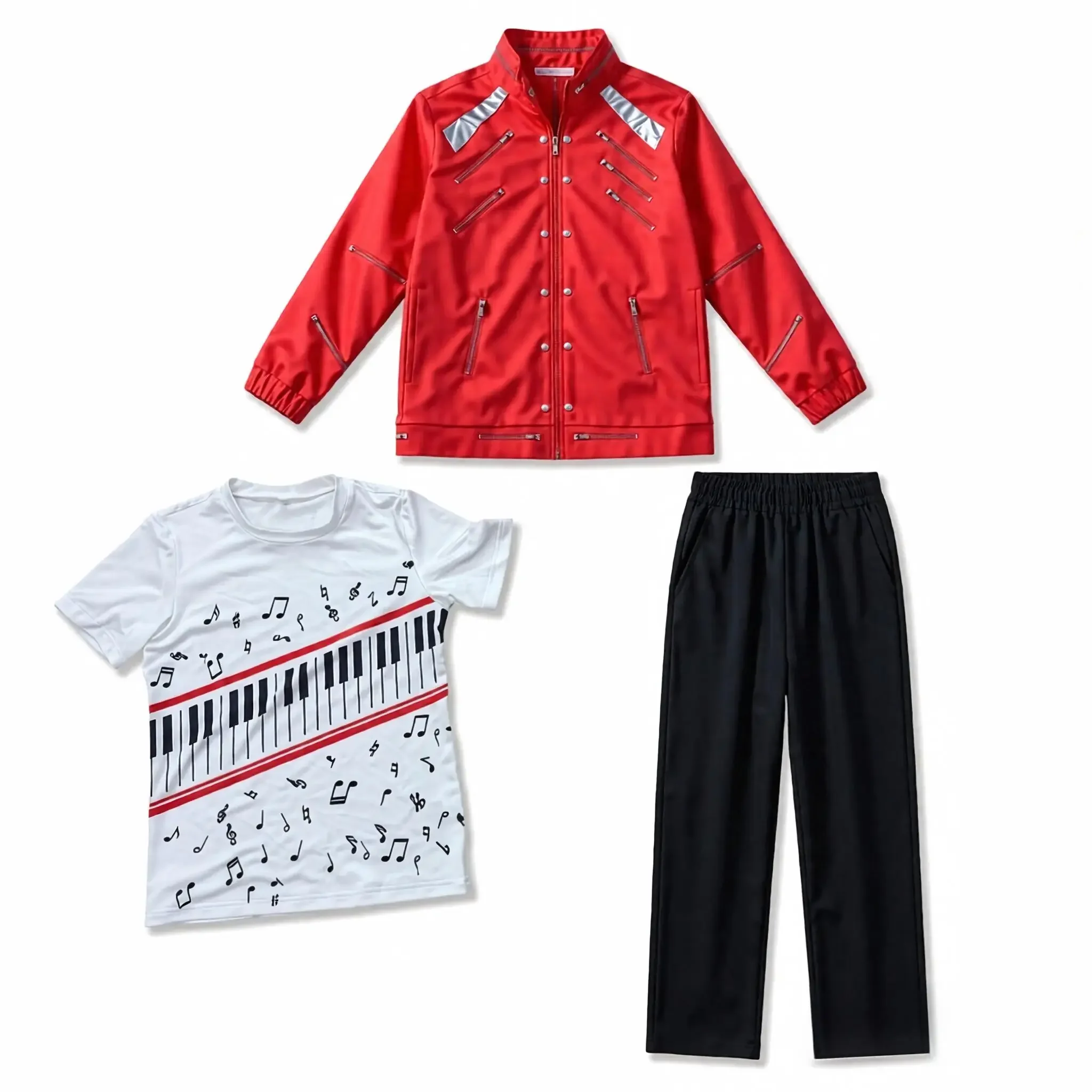 Boys Singer Red Jacket Piano Print T-Shirt Black Pants Set Halloween Kids Stage Cosplay Party Outfit