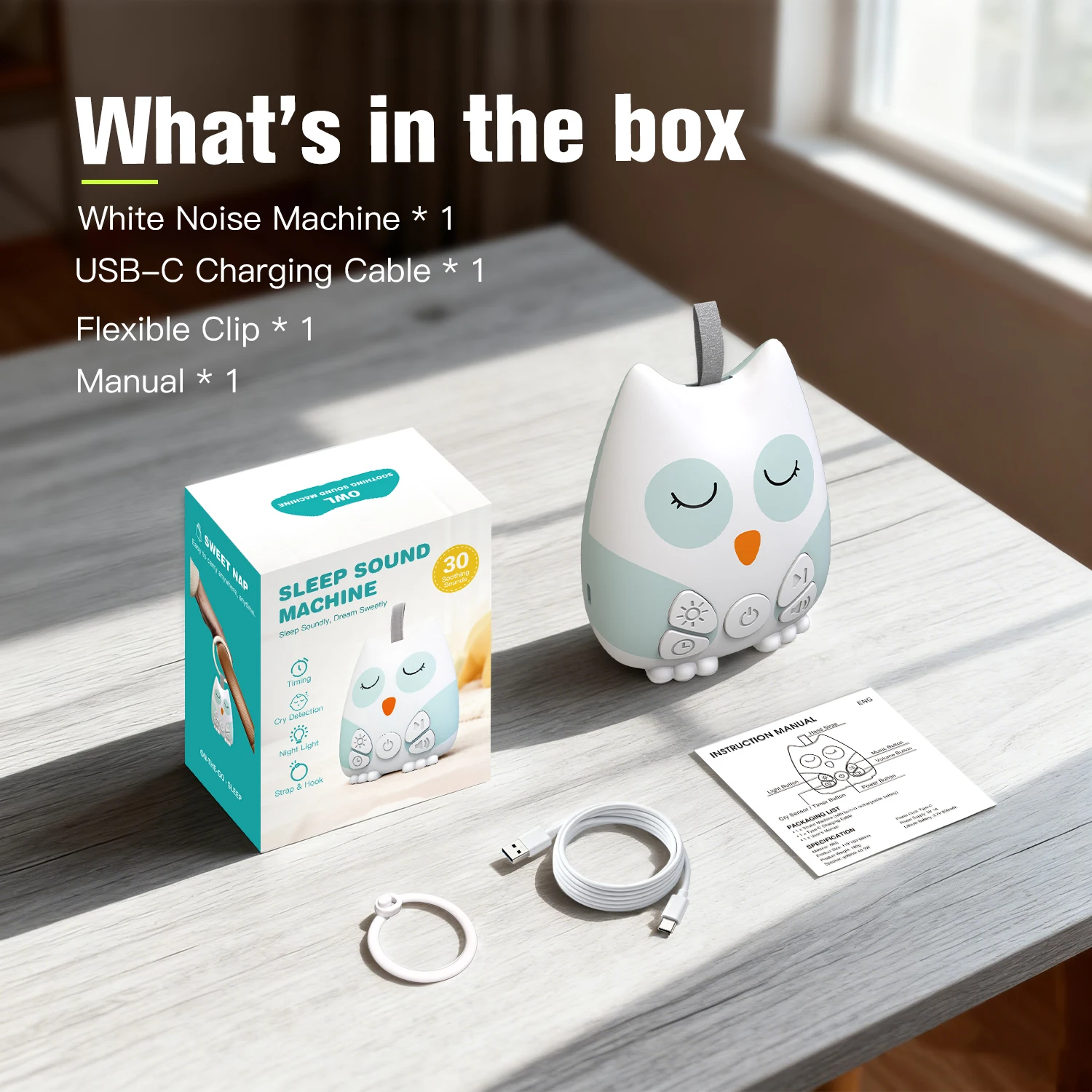 Portable White Noise Sound Machine for Baby 30 Soothing Sounds Crying Sensor for Infants with Night Light Timer Rechargeable