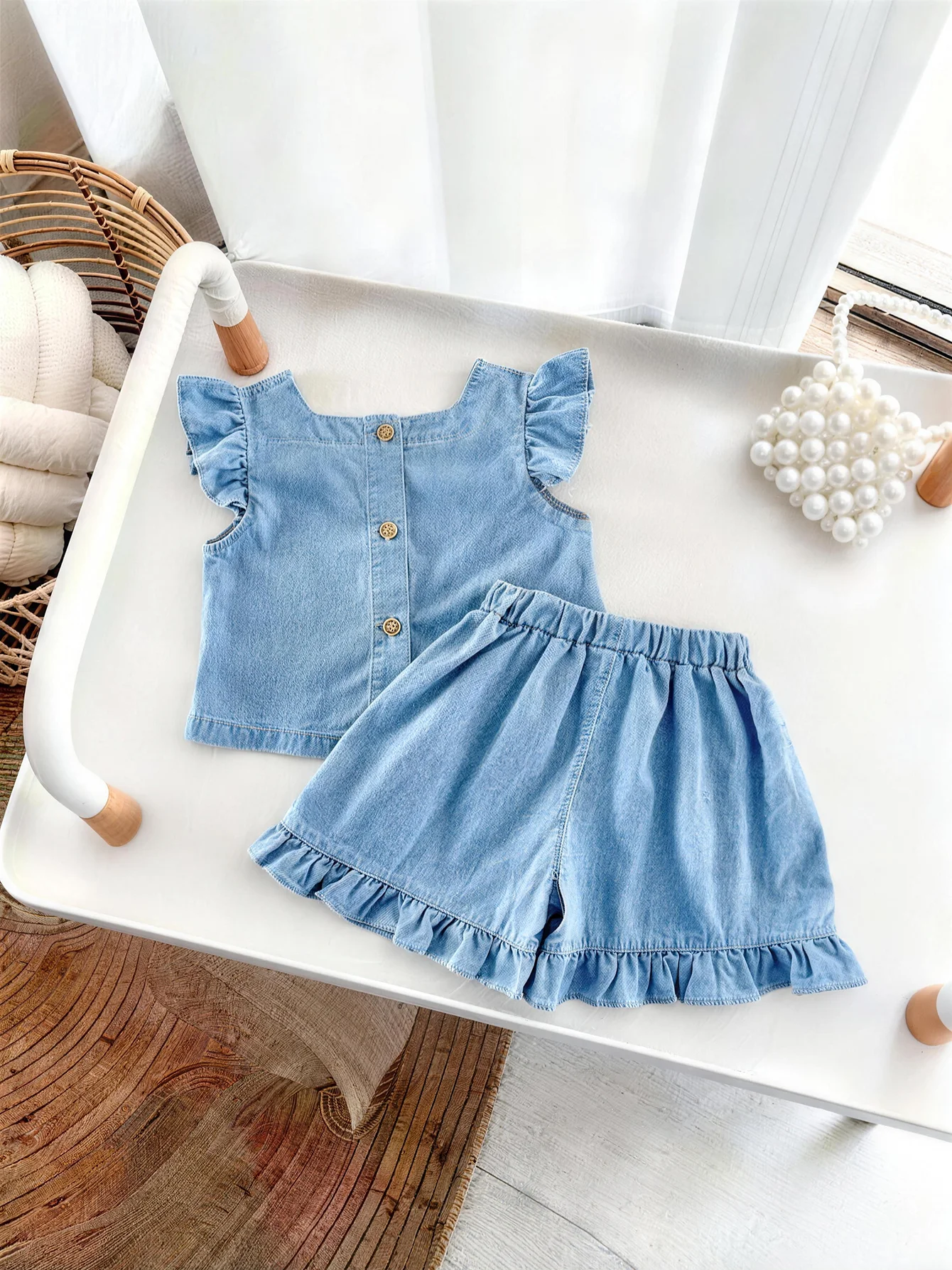 2026 Summer Girls' Flared Denim Embroidered Set - Fashion Lightweight Top + Shorts Set for Baby Girls