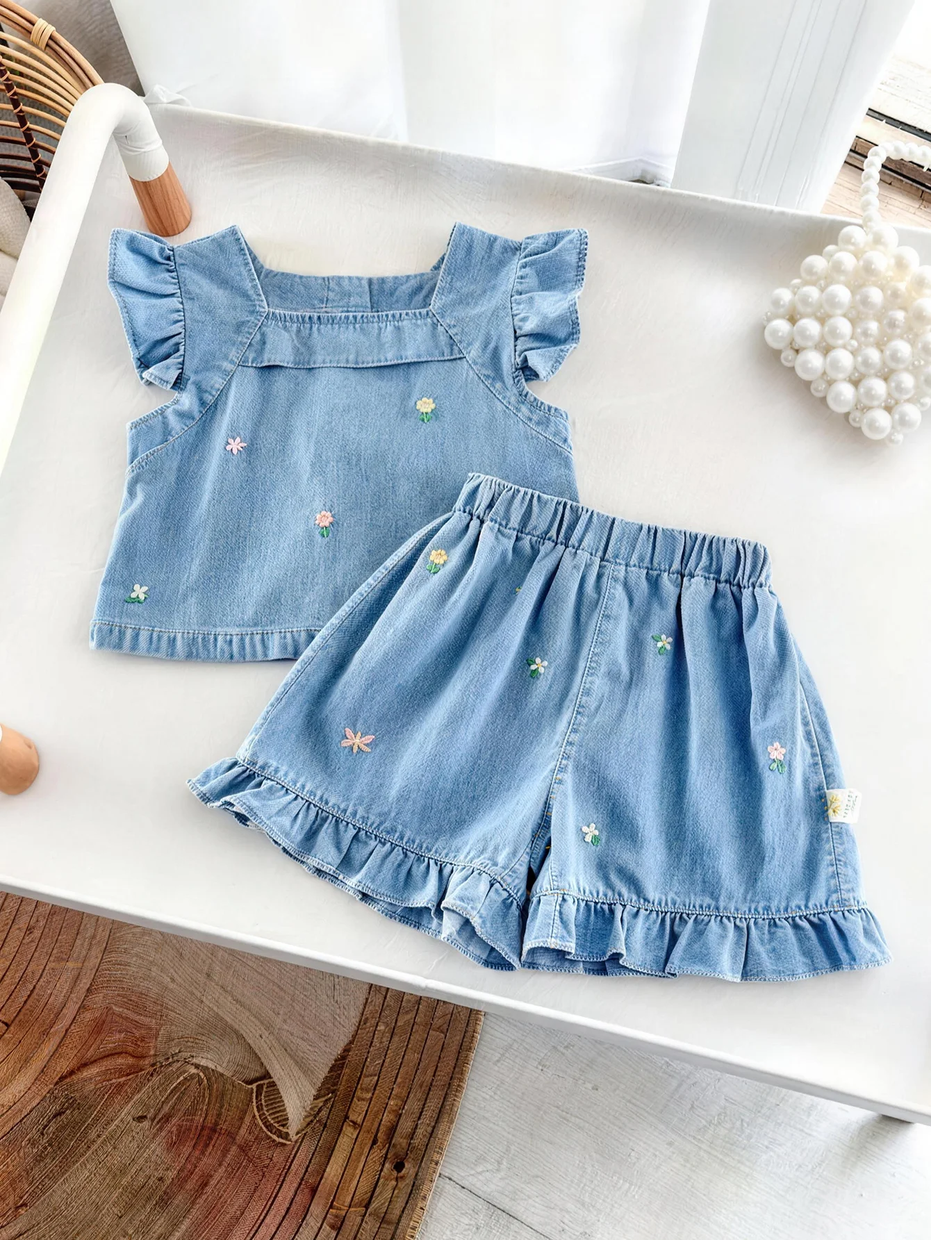 2026 Summer Girls' Flared Denim Embroidered Set - Fashion Lightweight Top + Shorts Set for Baby Girls