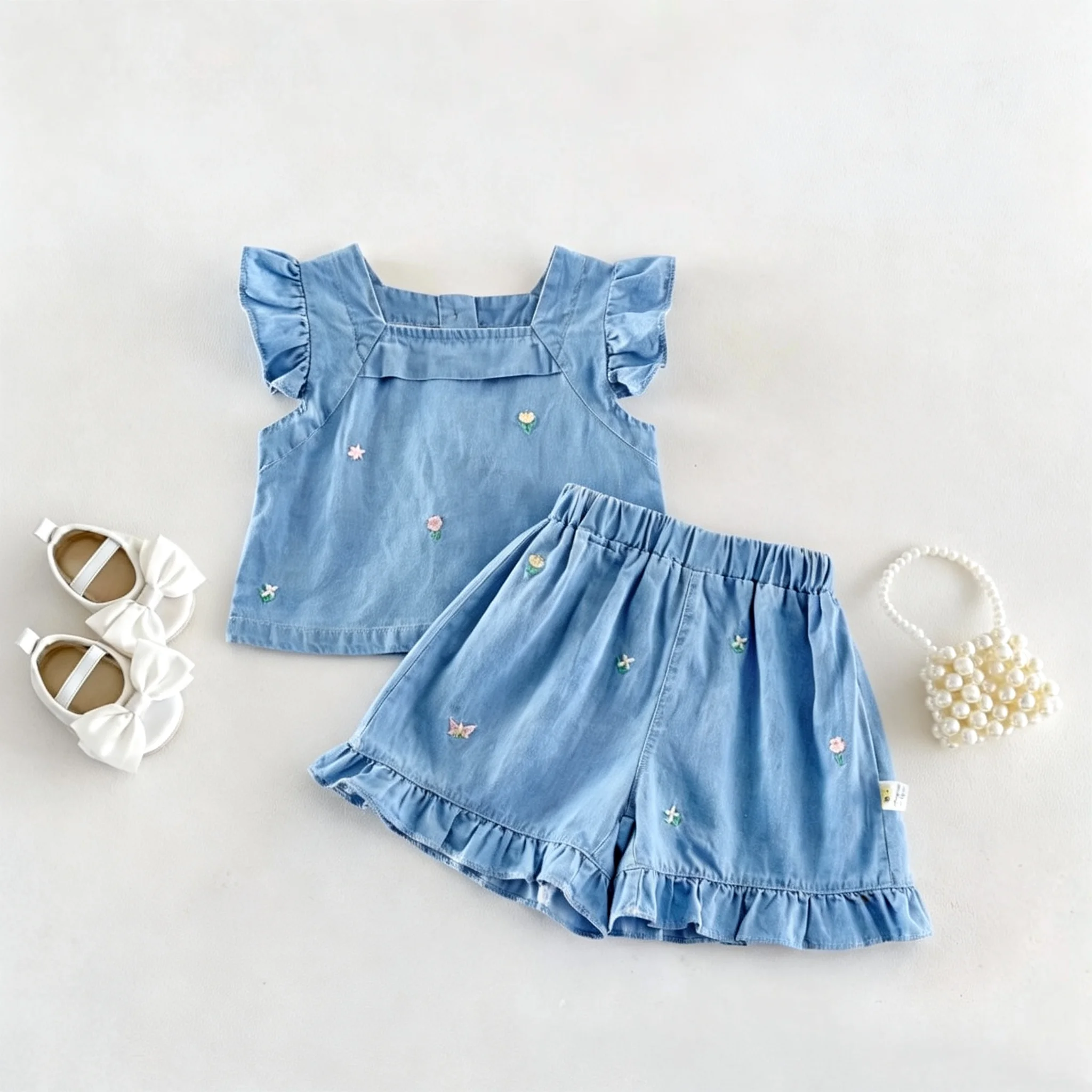 2026 Summer Girls' Flared Denim Embroidered Set - Fashion Lightweight Top + Shorts Set for Baby Girls