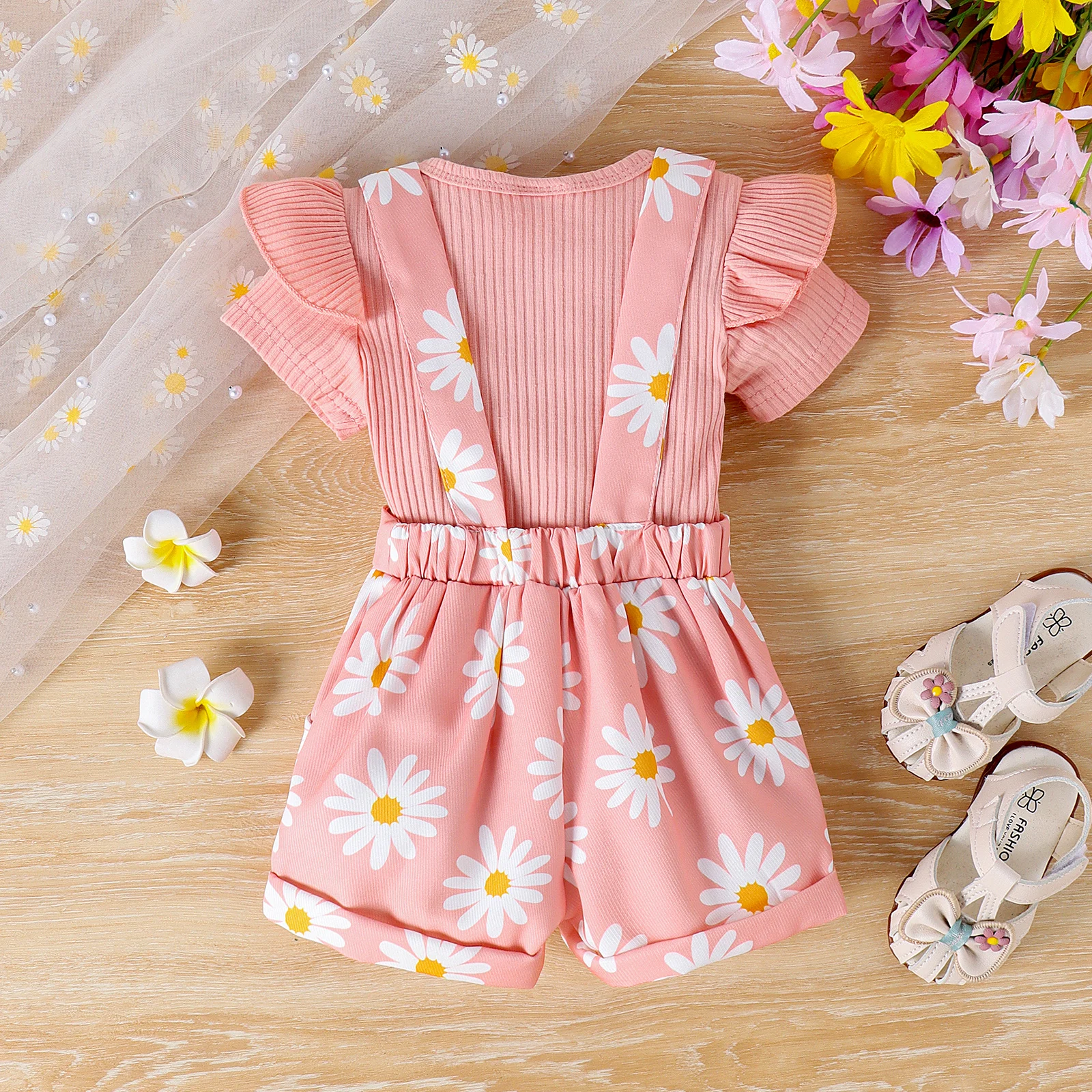 2pcs Cross-border Summer New Girl Sweet and Cute 1-7 Years Old Top Short-Sleeved Shirt + Printed Bib Pants