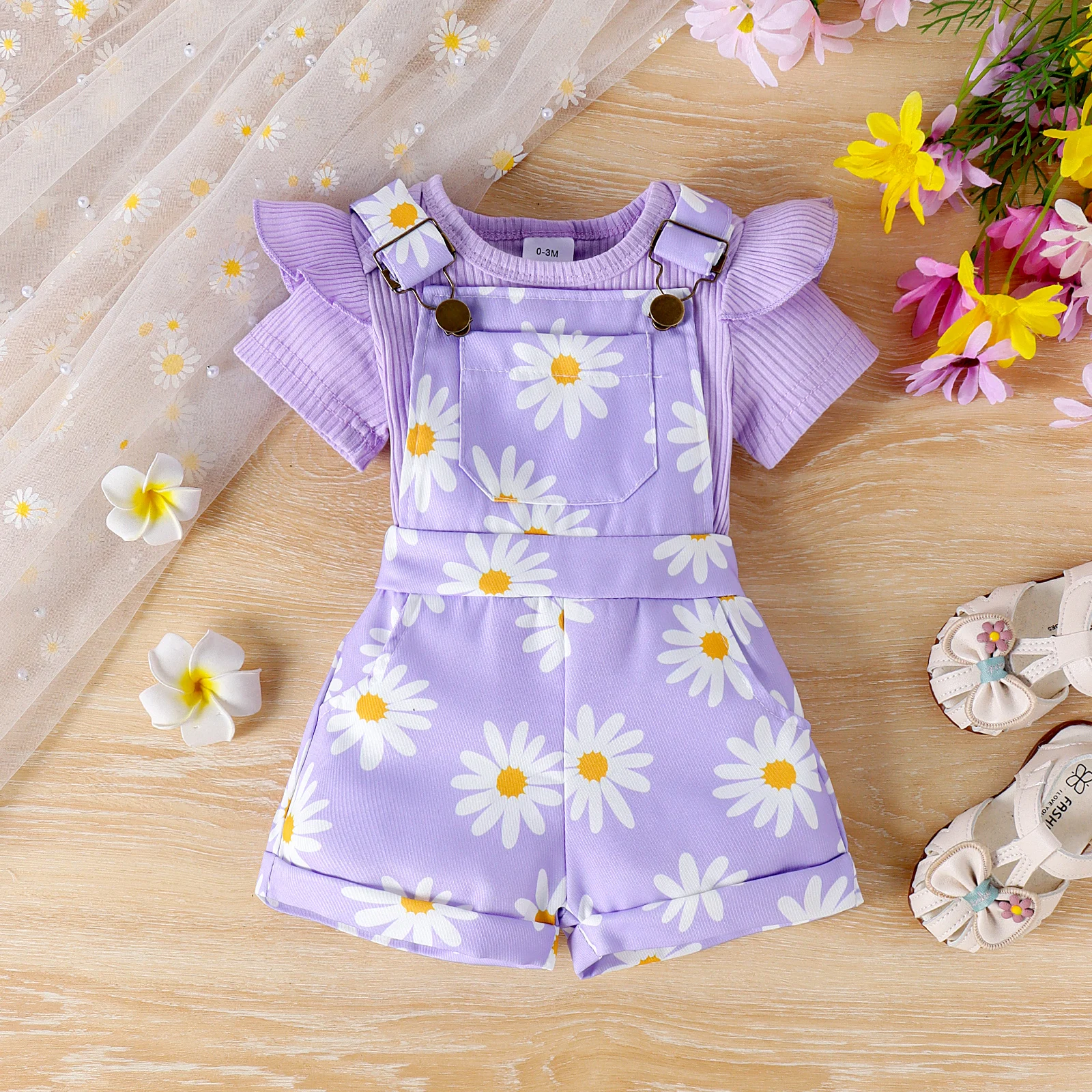 2pcs Cross-border Summer New Girl Sweet and Cute 1-7 Years Old Top Short-Sleeved Shirt + Printed Bib Pants