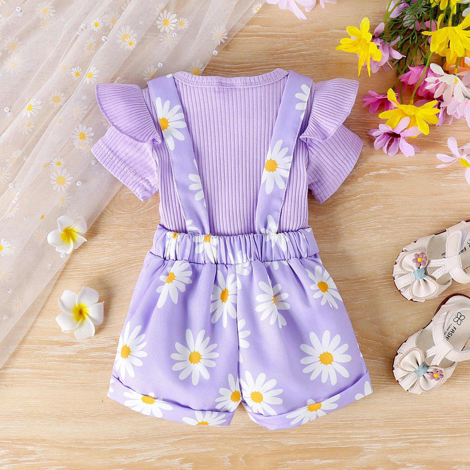 2pcs Cross-border Summer New Girl Sweet and Cute 1-7 Years Old Top Short-Sleeved Shirt + Printed Bib Pants
