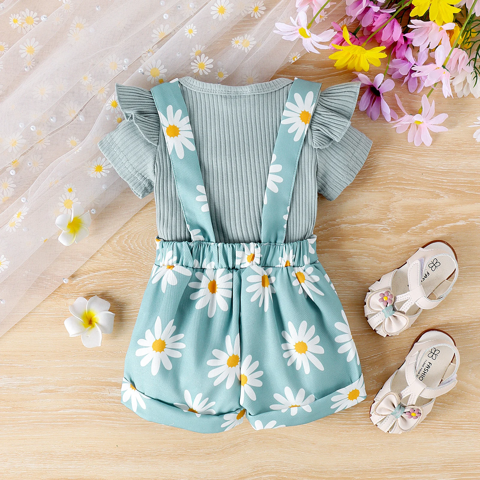 2pcs Cross-border Summer New Girl Sweet and Cute 1-7 Years Old Top Short-Sleeved Shirt + Printed Bib Pants