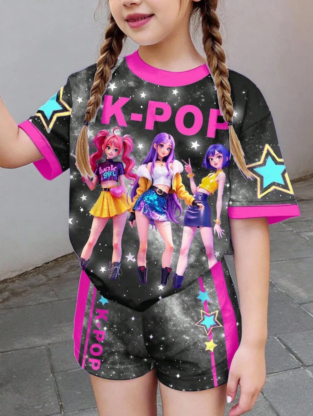 Kpop Cartoon Graphic Girls T-Shirt and Pants Set Girls' Summer Clothing Cute Short Sleeve Set Children's T-Shirt and Shorts Set