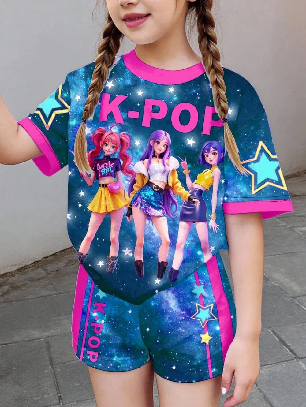 Kpop Cartoon Graphic Girls T-Shirt and Pants Set Girls' Summer Clothing Cute Short Sleeve Set Children's T-Shirt and Shorts Set