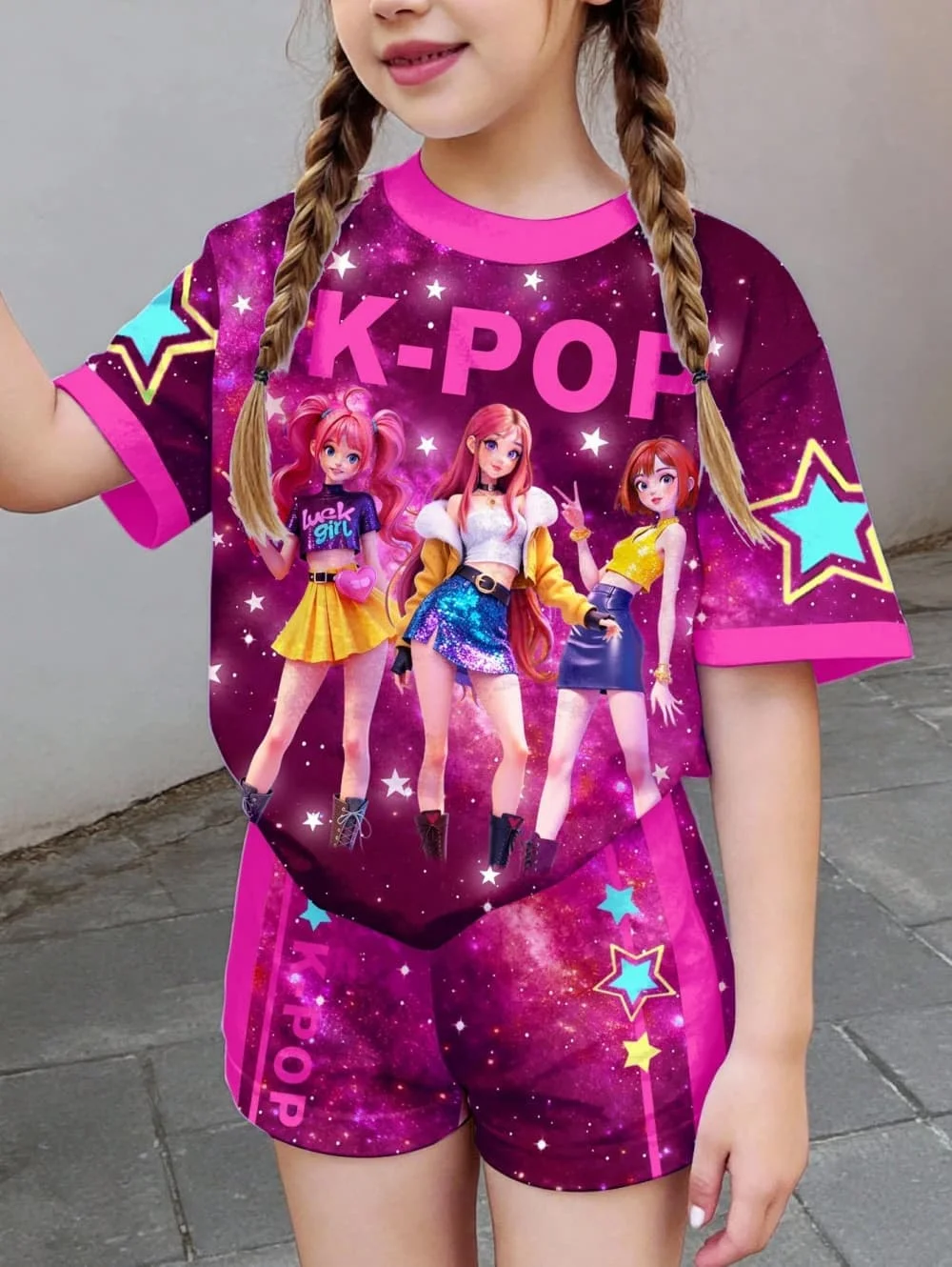 Kpop Cartoon Graphic Girls T-Shirt and Pants Set Girls' Summer Clothing Cute Short Sleeve Set Children's T-Shirt and Shorts Set