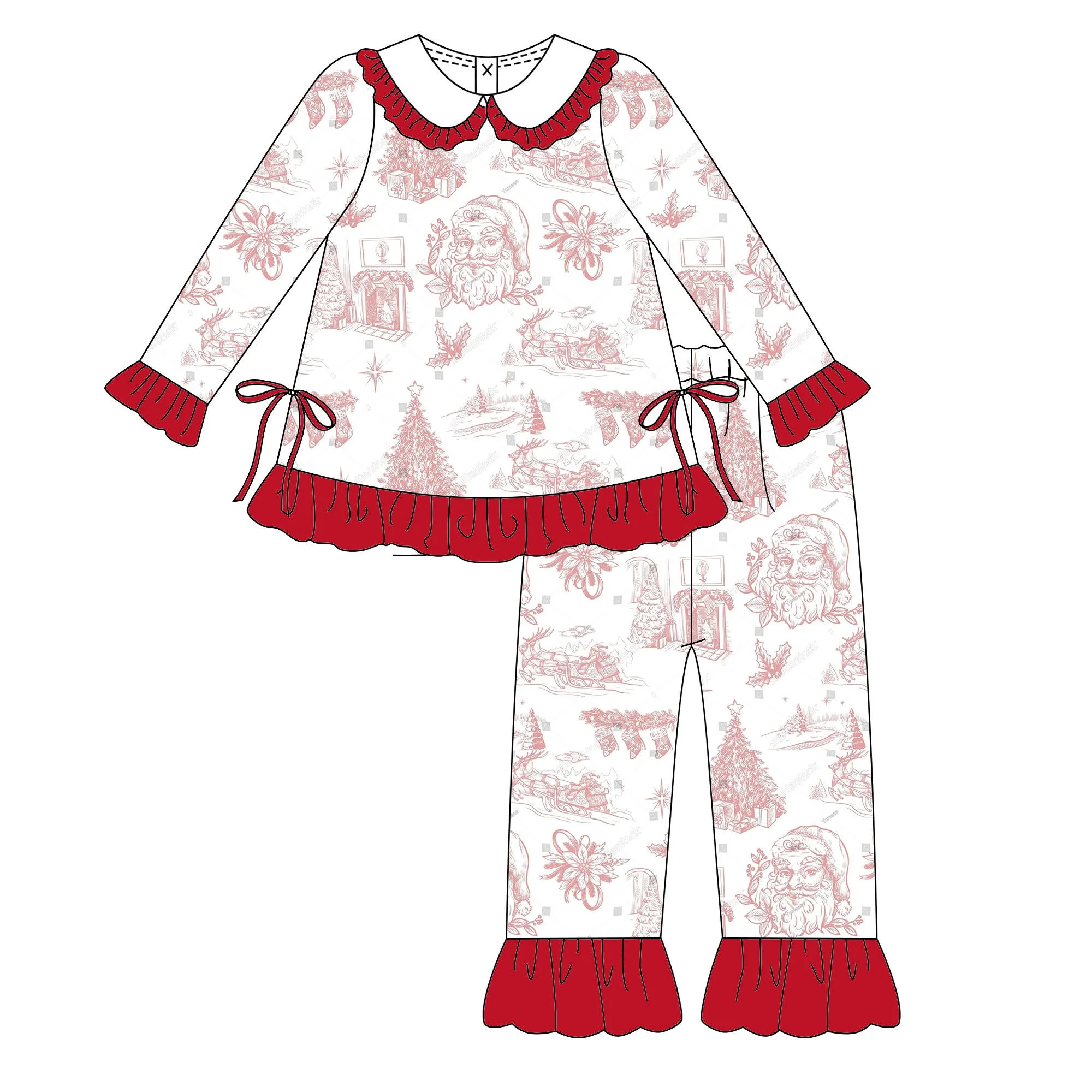 Wholesale Christmas Casul Ruffled Toddler Girls Pajamas Long Sleeves Newborn Jumpsuit Sleepwear Outfits with Robe