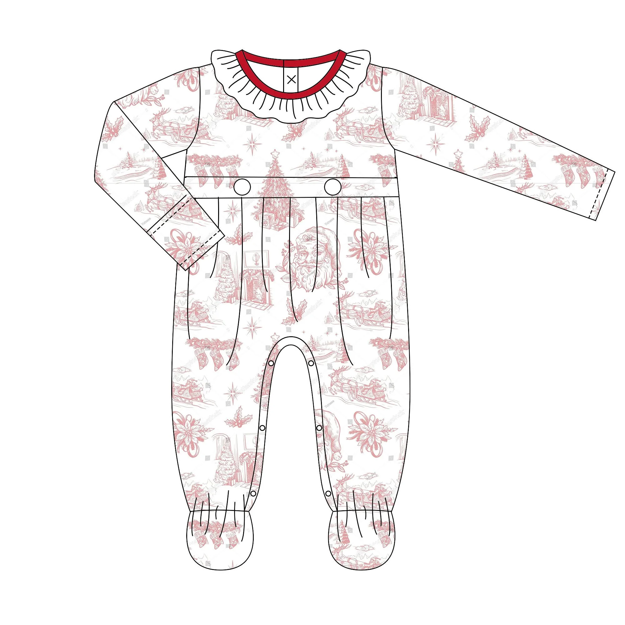 Wholesale Christmas Casul Ruffled Toddler Girls Pajamas Long Sleeves Newborn Jumpsuit Sleepwear Outfits with Robe