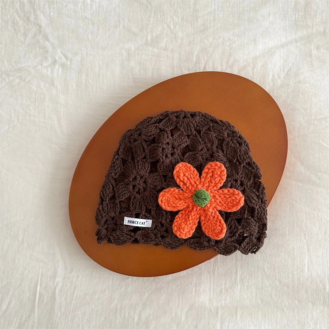Spring Kids Knit Hat 3-6T Sweet Knitted Flower Girls Head Cap Hollowed-out Breathable Children Styling Hat