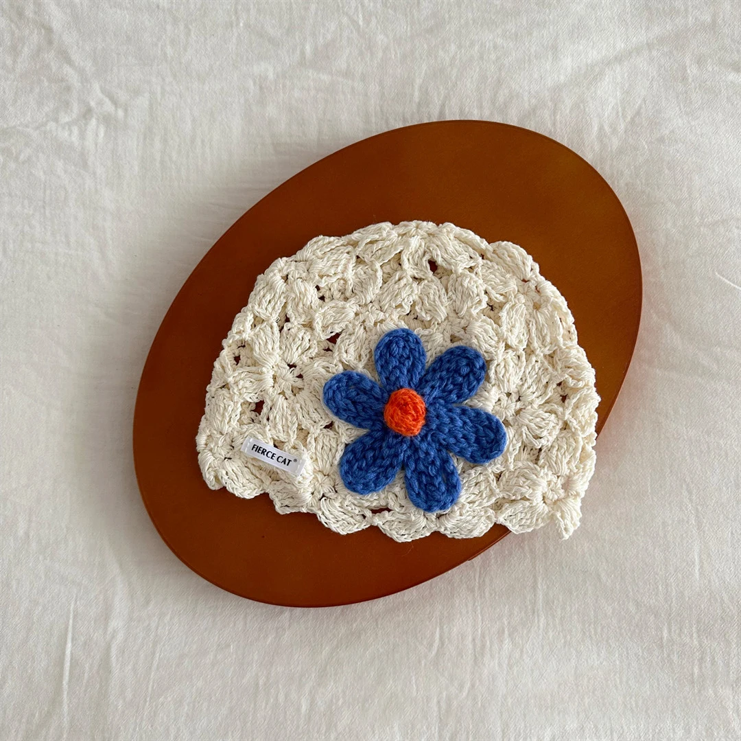 Spring Kids Knit Hat 3-6T Sweet Knitted Flower Girls Head Cap Hollowed-out Breathable Children Styling Hat