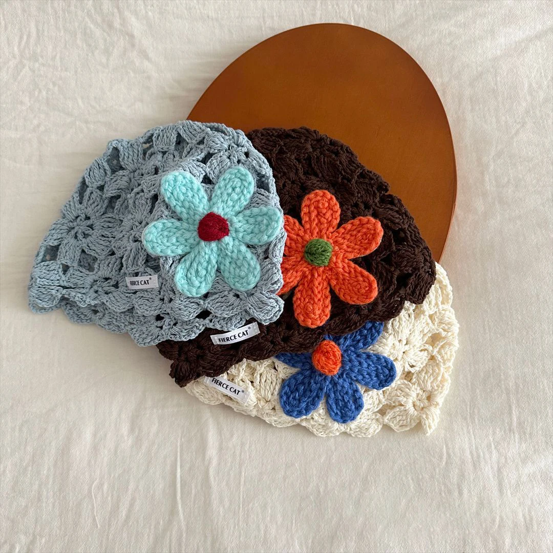 Spring Kids Knit Hat 3-6T Sweet Knitted Flower Girls Head Cap Hollowed-out Breathable Children Styling Hat