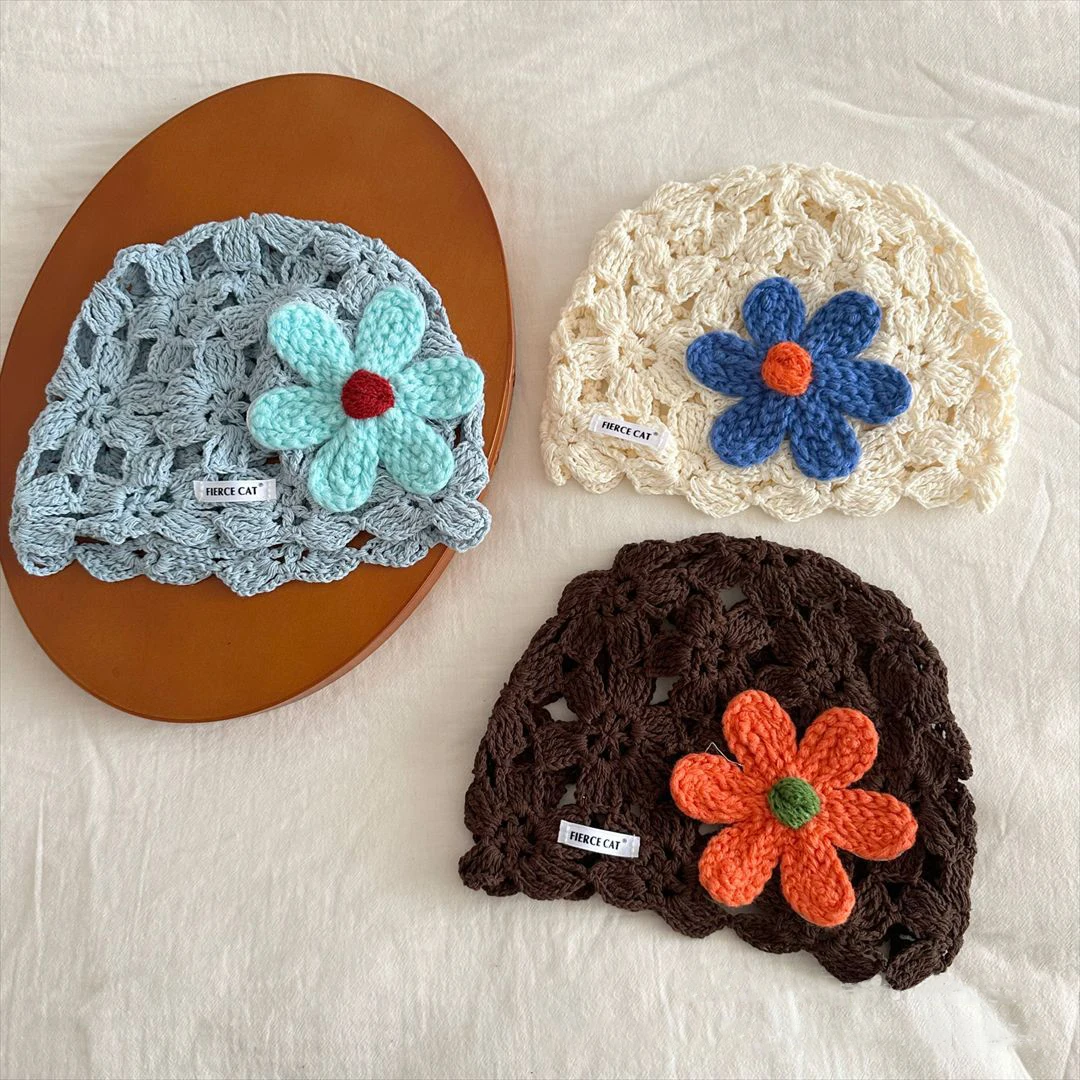 Spring Kids Knit Hat 3-6T Sweet Knitted Flower Girls Head Cap Hollowed-out Breathable Children Styling Hat