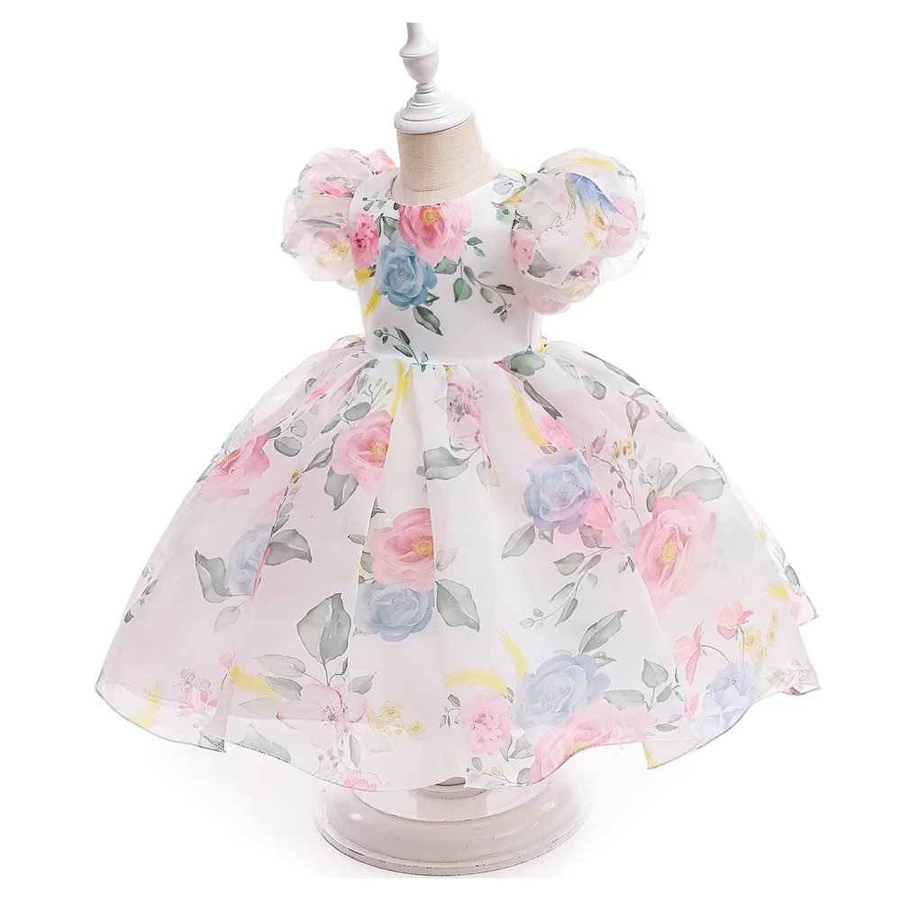 Fashion Flower Printed Party Girls Dresses Christmas Costume White Wedding Birthday Princess Prom Dress for Girl Bridesmaid Gown