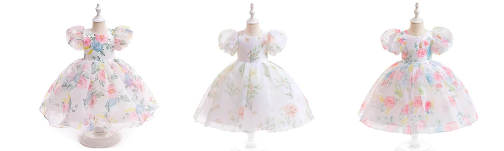Fashion Flower Printed Party Girls Dresses Christmas Costume White Wedding Birthday Princess Prom Dress for Girl Bridesmaid Gown