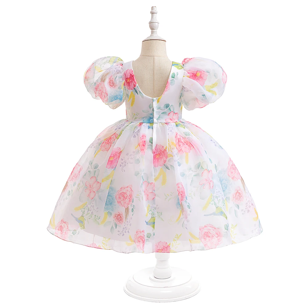 Fashion Flower Printed Party Girls Dresses Christmas Costume White Wedding Birthday Princess Prom Dress for Girl Bridesmaid Gown