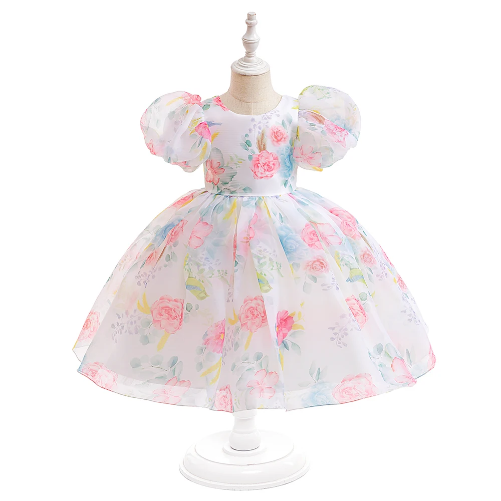 Fashion Flower Printed Party Girls Dresses Christmas Costume White Wedding Birthday Princess Prom Dress for Girl Bridesmaid Gown