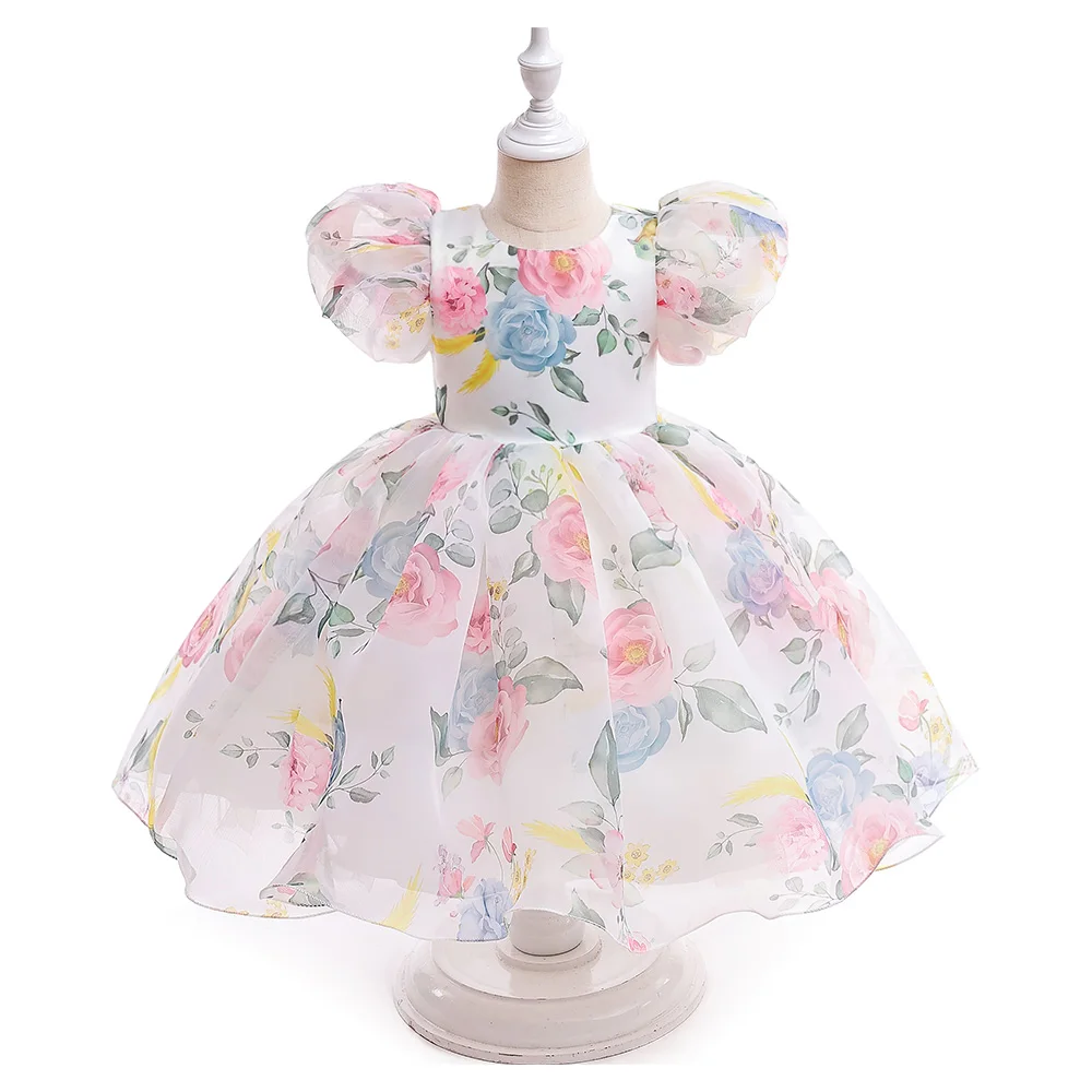 Fashion Flower Printed Party Girls Dresses Christmas Costume White Wedding Birthday Princess Prom Dress for Girl Bridesmaid Gown