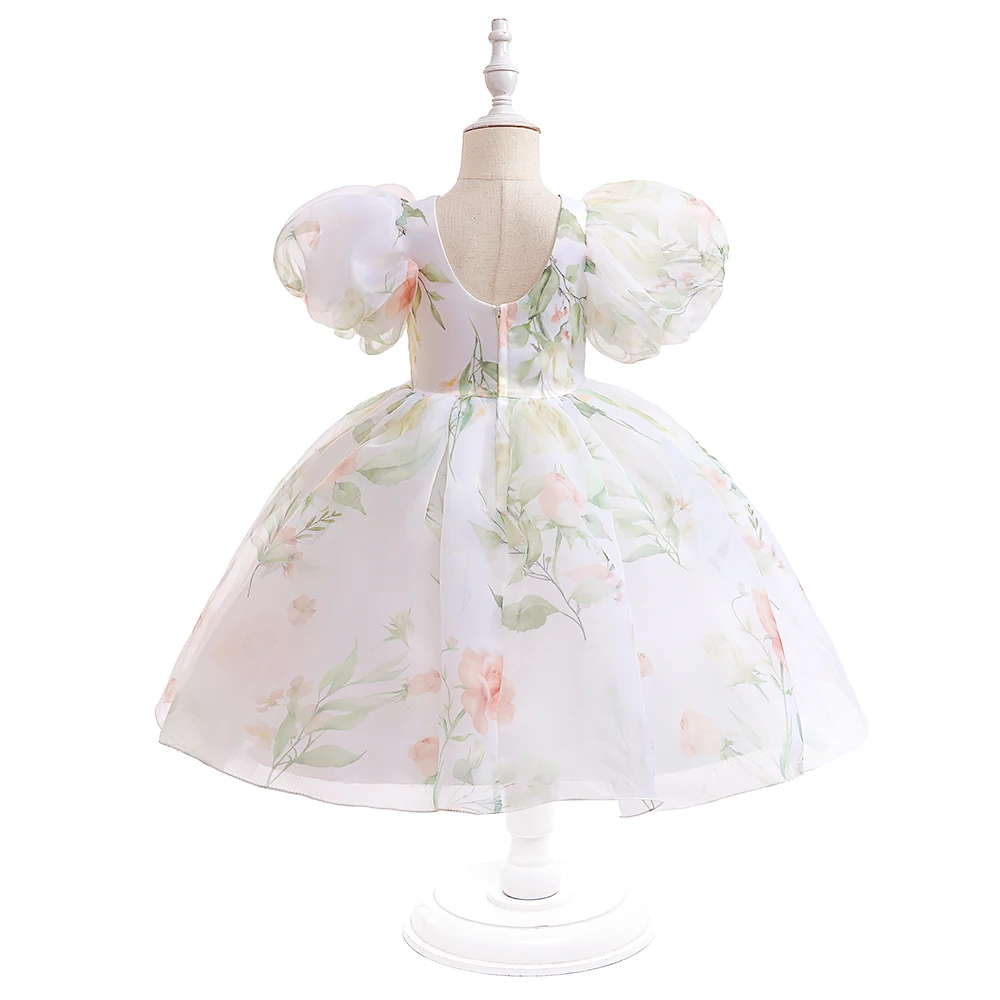 Fashion Flower Printed Party Girls Dresses Christmas Costume White Wedding Birthday Princess Prom Dress for Girl Bridesmaid Gown