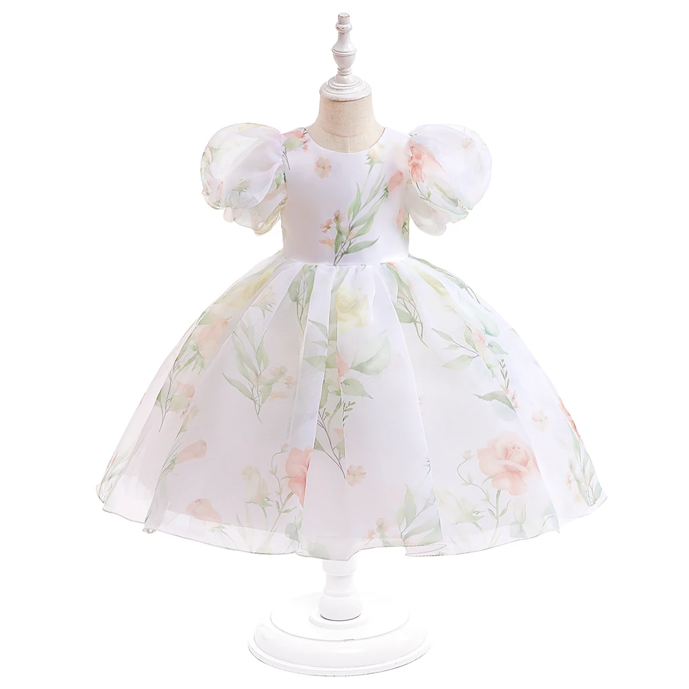 Fashion Flower Printed Party Girls Dresses Christmas Costume White Wedding Birthday Princess Prom Dress for Girl Bridesmaid Gown