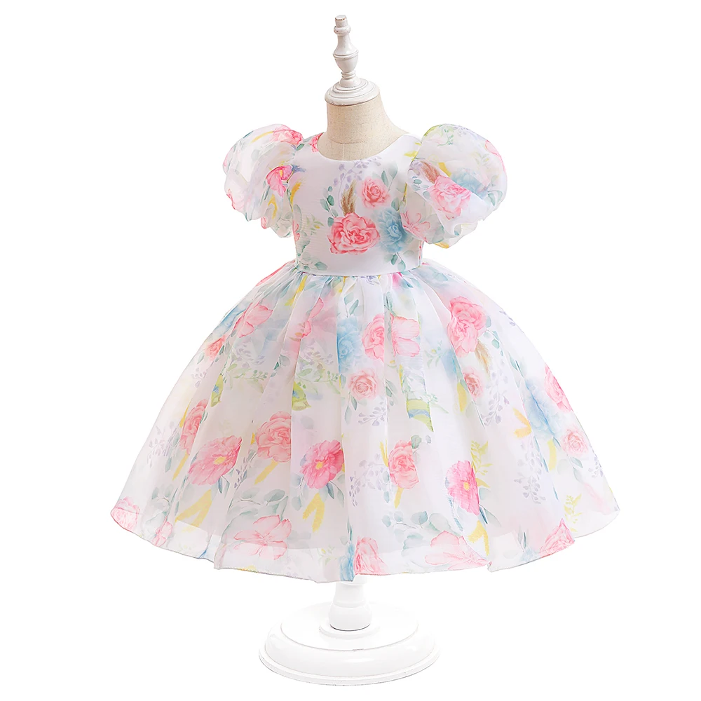 Fashion Flower Printed Party Girls Dresses Christmas Costume White Wedding Birthday Princess Prom Dress for Girl Bridesmaid Gown