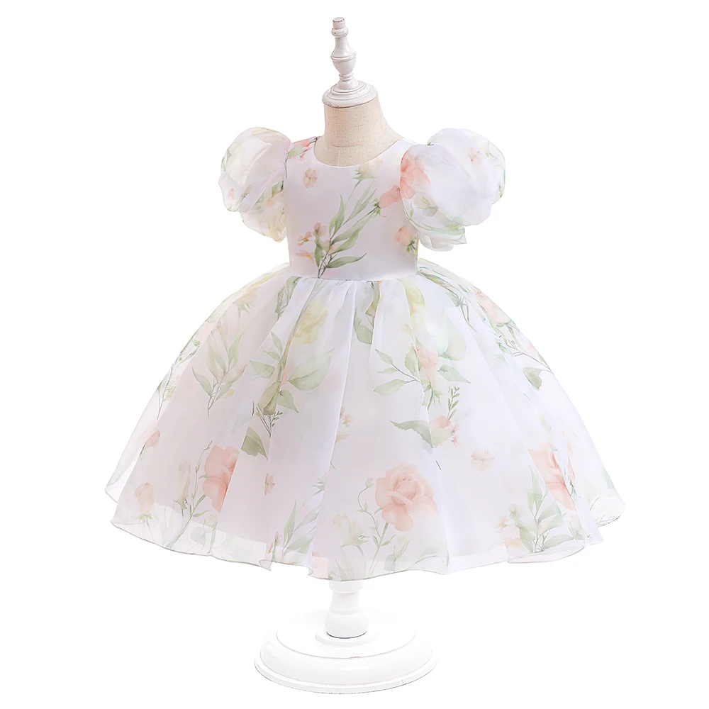 Fashion Flower Printed Party Girls Dresses Christmas Costume White Wedding Birthday Princess Prom Dress for Girl Bridesmaid Gown