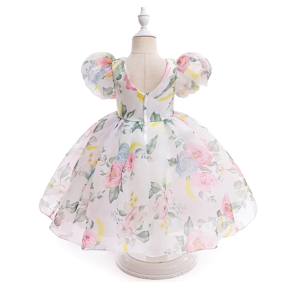 Fashion Flower Printed Party Girls Dresses Christmas Costume White Wedding Birthday Princess Prom Dress for Girl Bridesmaid Gown