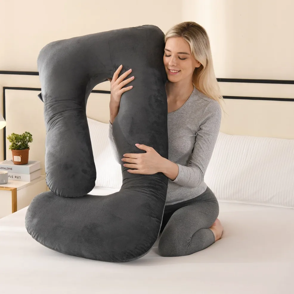 Soft Velvet J-Shaped Full Body Maternity Pillow Pregnant Women Back Leg Tummy Support Comfort Sleeping Pillow Festival Present