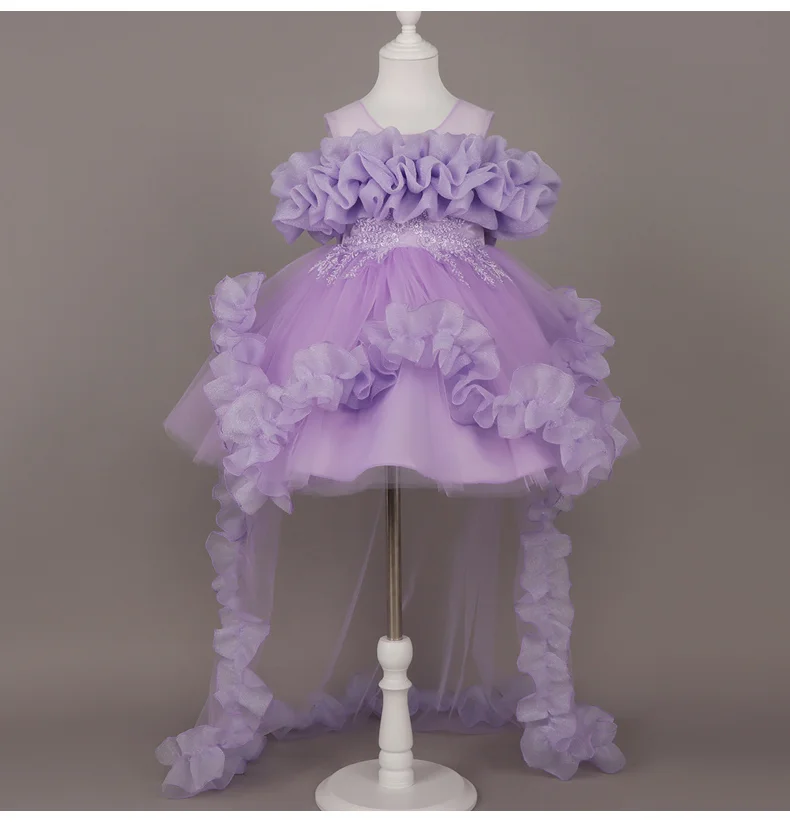 Kids Dress For Girls Ruffles Sleeve Flower Girl Gown Purple Birthday Evening Party Costume